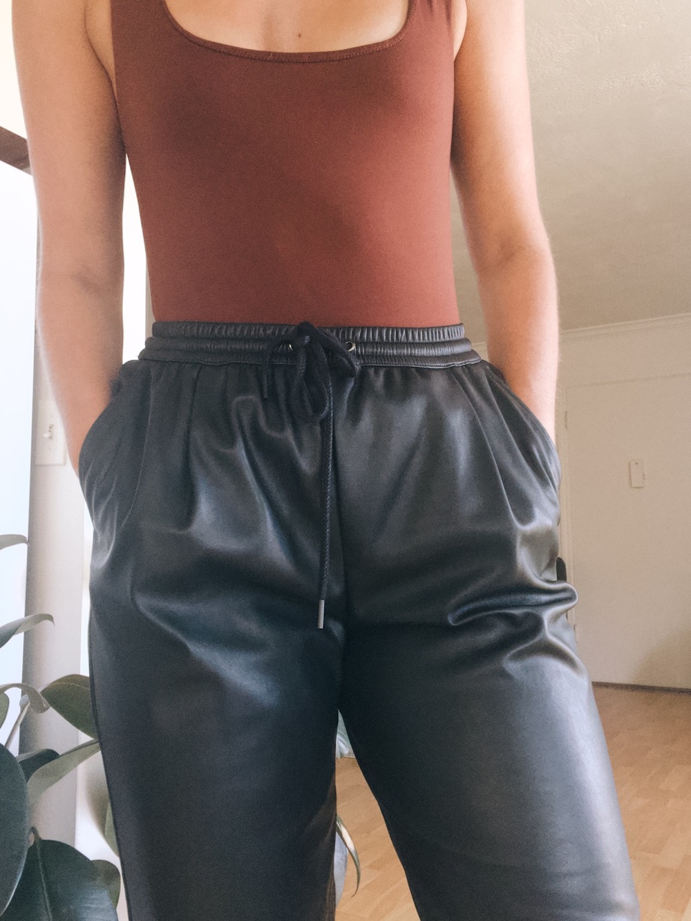 Zara Black Faux Leather Drawstring Joggers